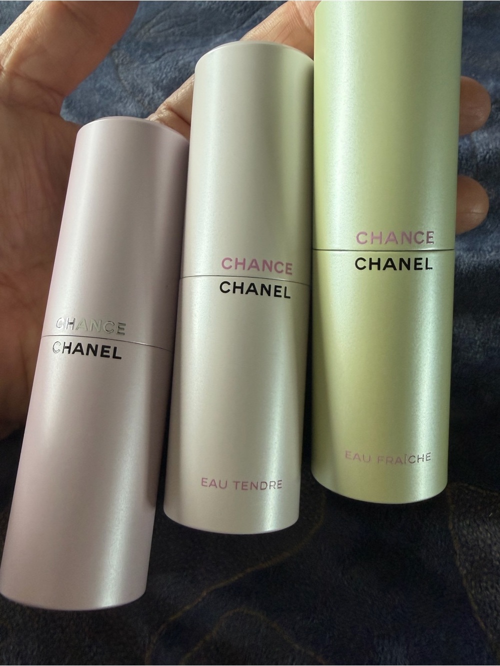 CHANEL Chance trio in pastel pink, cream, and light green